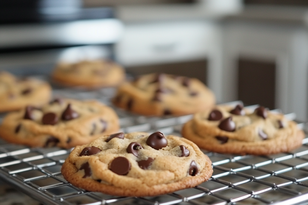 Freshly baked Nestle chocolate chip cookies cooling on a wire rack, golden brown with melted chocolate chips.