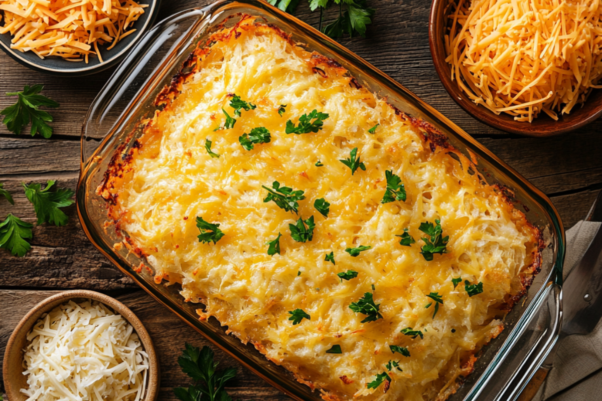 A freshly baked hashbrown casserole in a glass dish with golden-brown crispy topping, garnished with parsley on a rustic wooden table.