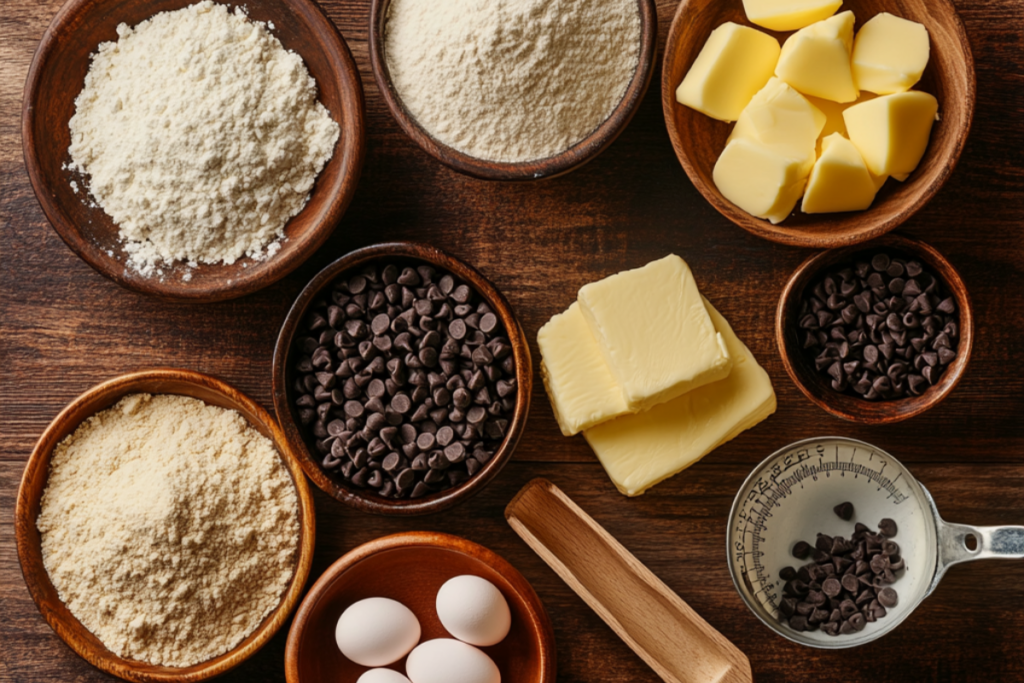 Classic cookie-making ingredients like flour, eggs, butter, sugar, vanilla extract, and chocolate chips on a wooden countertop.
