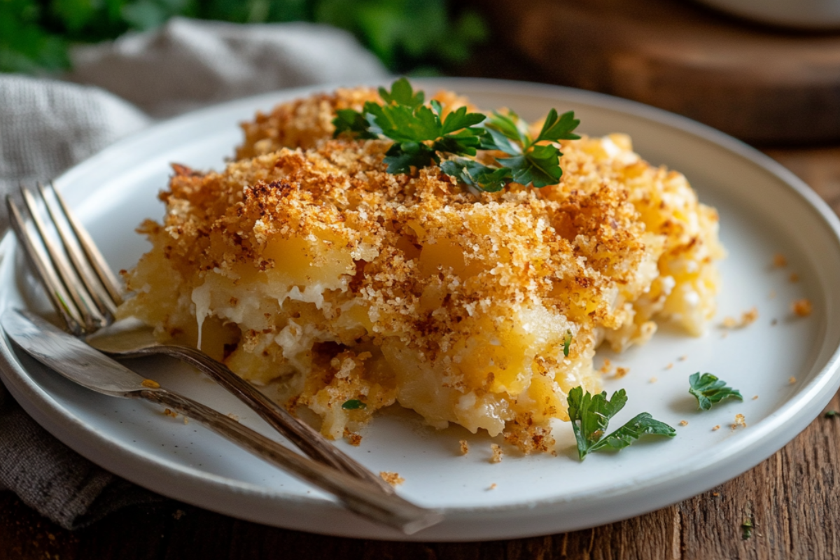 A serving of hashbrown casserole on a white plate, topped with crispy breadcrumbs and parsley, with a casserole dish in the background.