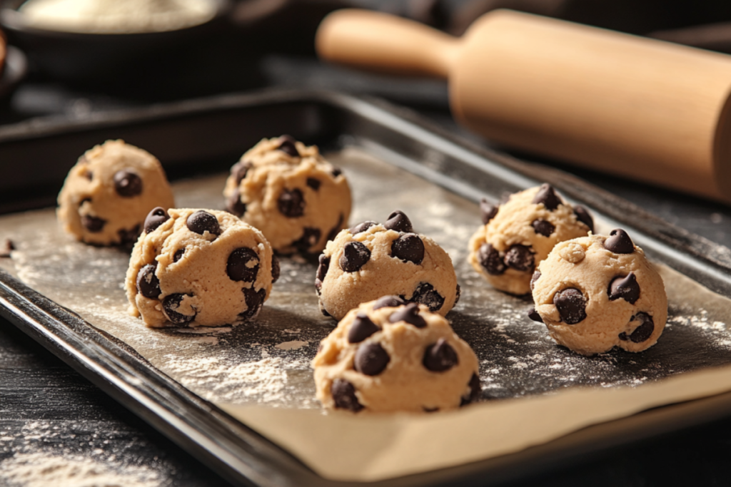 Close-up of cookie dough scoops with chocolate chips on a baking sheet, ready for baking, with a rolling pin and flour dust in the background.