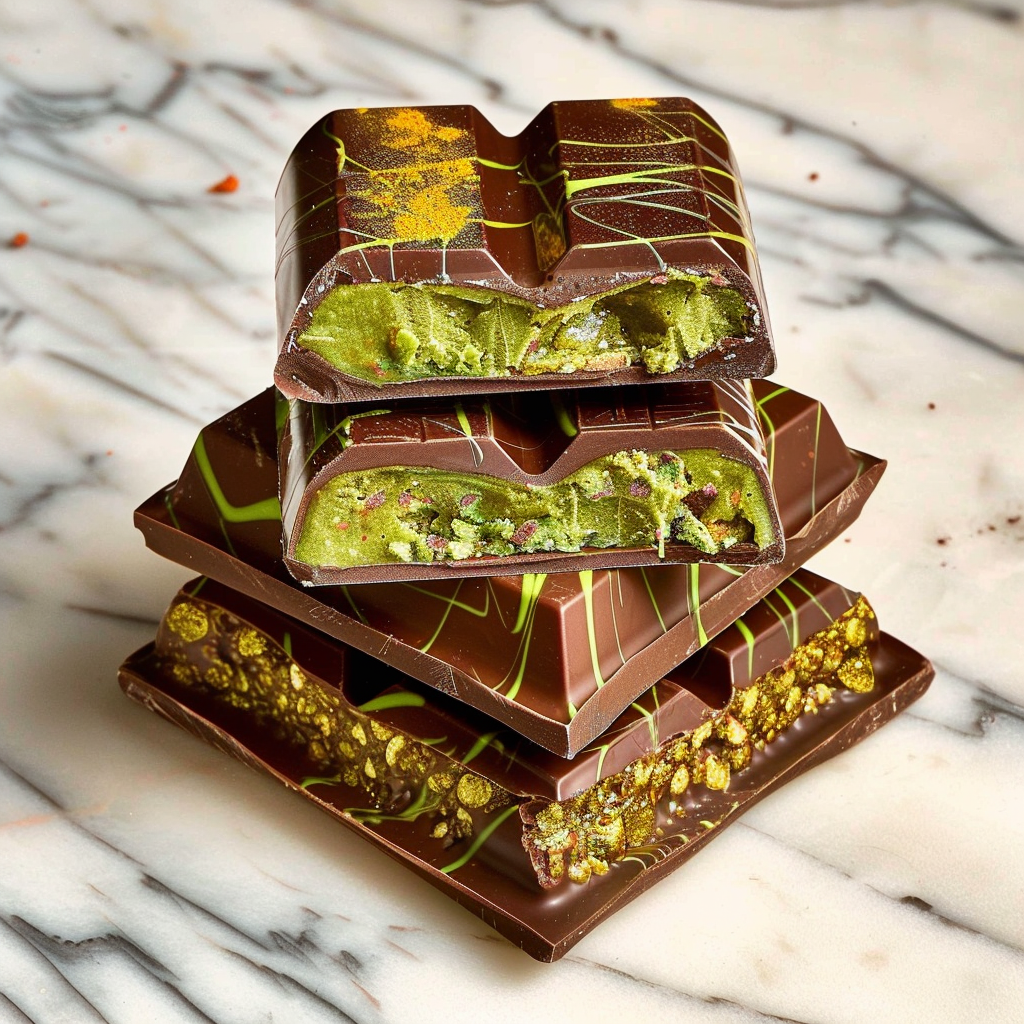 Assortment of Dubai chocolates with luxurious packaging and exotic ingredients like saffron and dates.