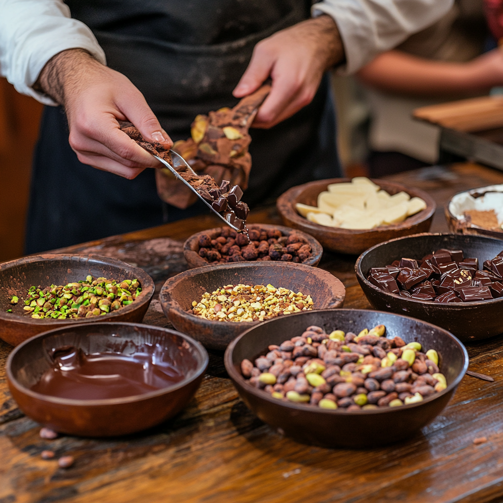 Chocolatier crafting artisan chocolates with cocoa beans, saffron, and pistachios, as participants enjoy a workshop in Dubai.