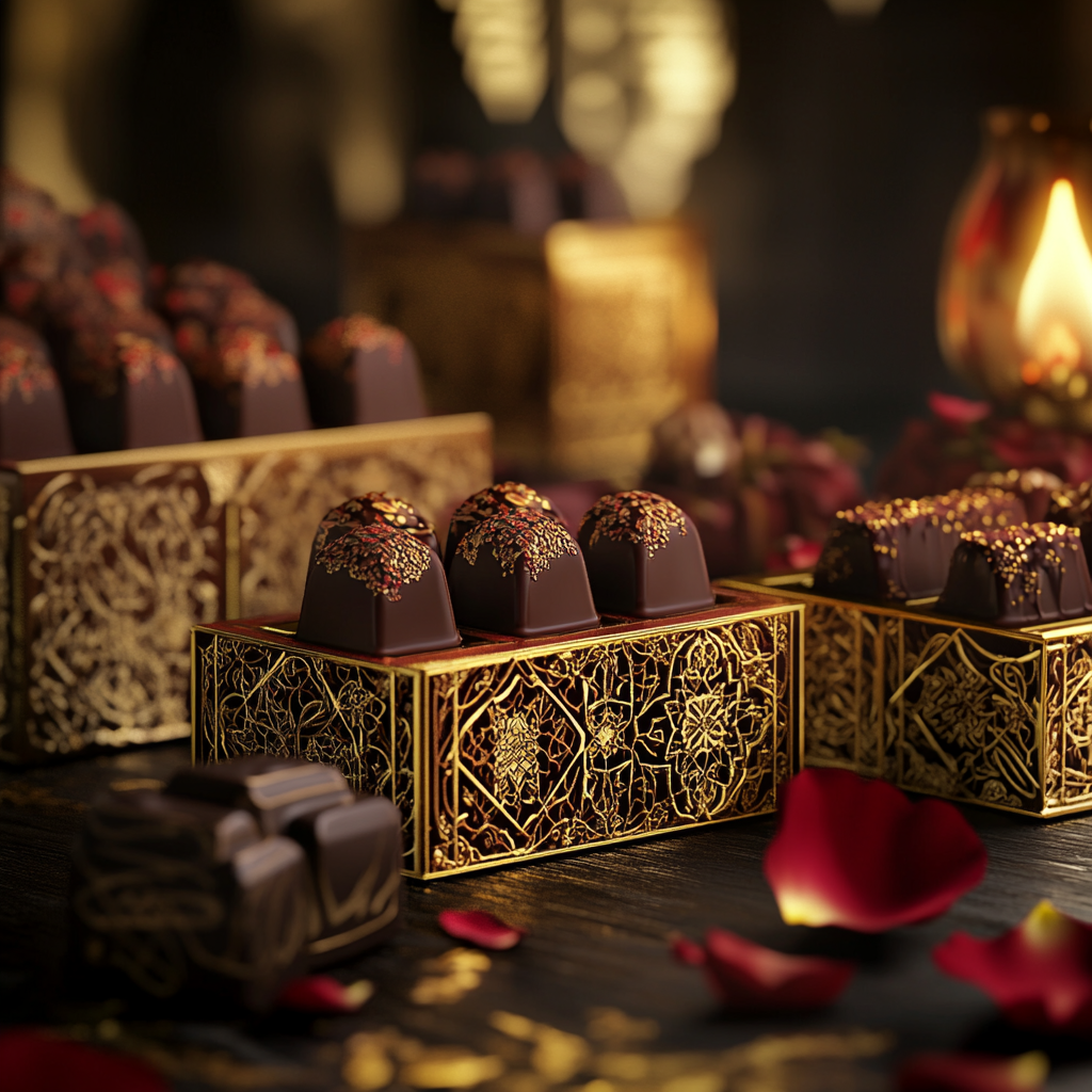 A display of luxurious Dubai chocolates in elegant packaging, showcasing rich colors and unique shapes.