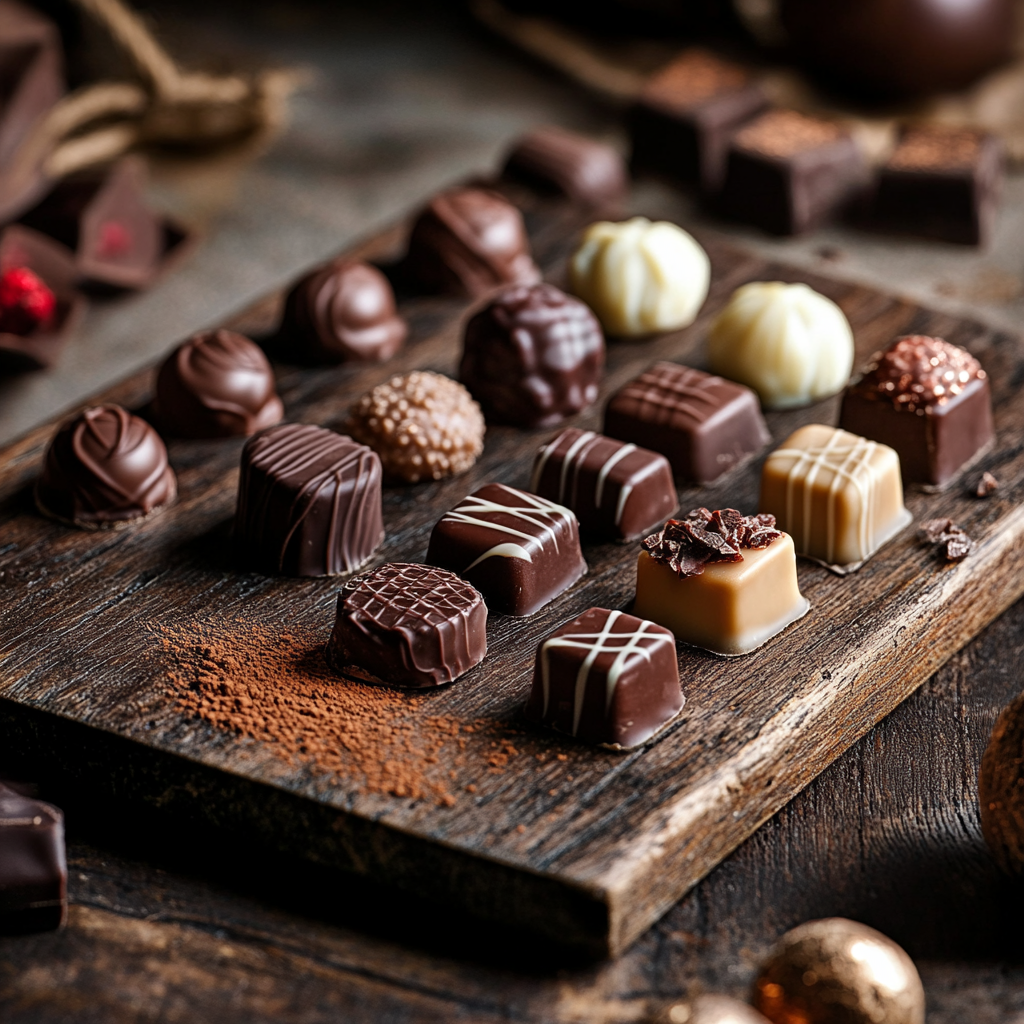 An assortment of gourmet chocolates displayed on a wooden board, highlighting their textures and craftsmanship.