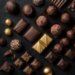 A luxurious flat-lay of assorted premium chocolates, featuring truffles, bars, and pralines on a dark background with gold accents.