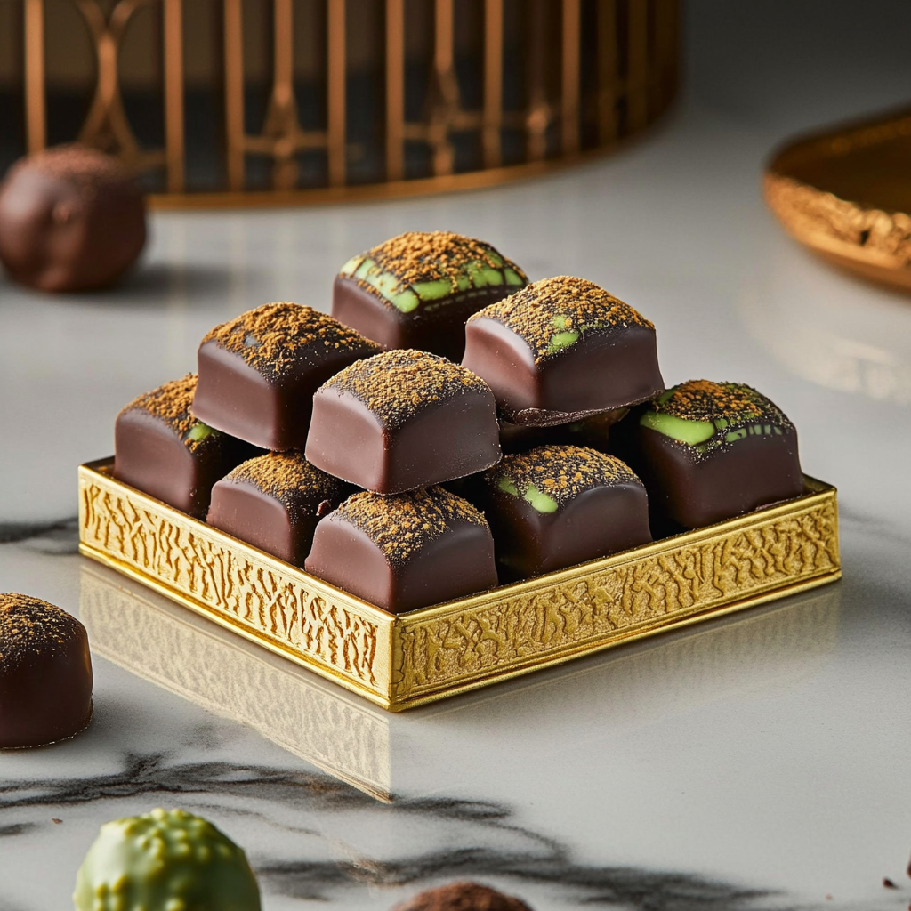 Chocolate box inspired by the Burj Khalifa, featuring gold-dusted truffles and Middle Eastern decor, reflecting Dubai’s elegance