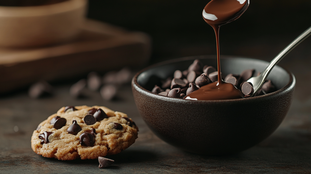 A rich, high-resolution flat-lay image featuring a bowl of glossy chocolate chips, a warm chocolate chip cookie, and a spoon drizzling melted chocolate onto a dark wooden surface.