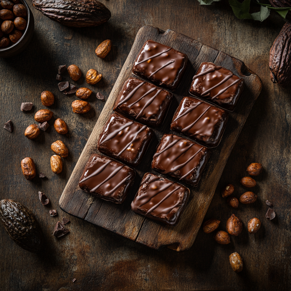 An assortment of vegan chocolate bars with nuts and cacao nibs on a wooden board