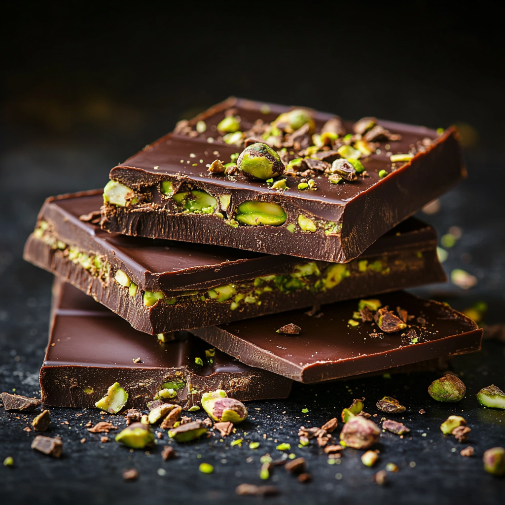 luxurious pistachio chocolate bar broken into pieces, revealing rich chocolate and creamy pistachio filling
