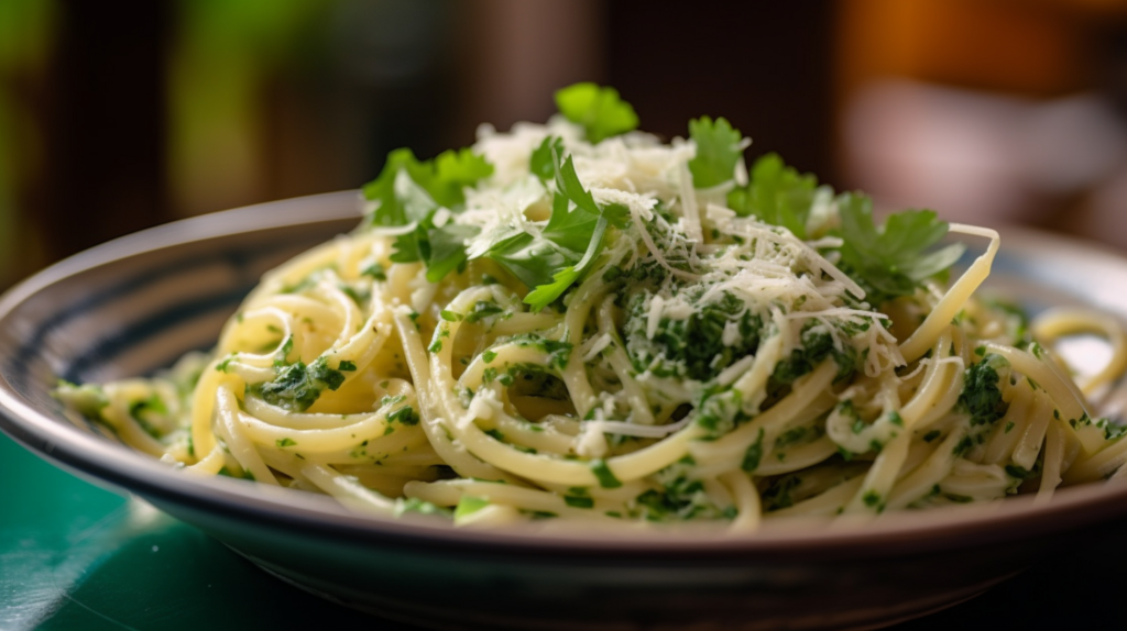 A plate of creamy Green Spaghetti garnished with Parmesan and fresh cilantro, served on a rustic wooden table.
