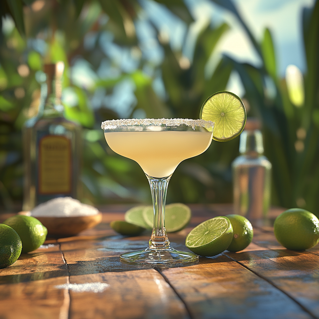 A fresh, citrusy skinny margarita in a glass with a salted rim, garnished with lime, set on a wooden table with tequila and sliced limes in the background.