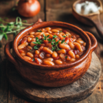 A rustic pot filled with homemade baked beans, garnished with fresh herbs, on a wooden table.