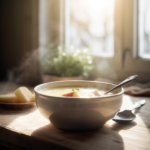 A bowl of creamy 4 ingredient potato soup with steam rising, served in a rustic kitchen setting.