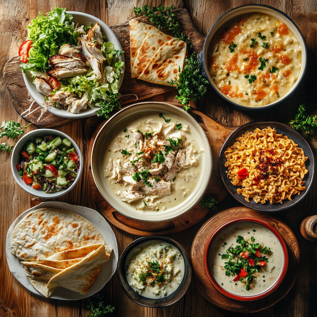 A variety of delicious meals made from leftover rotisserie chicken, including soups, salads, casseroles, and wraps, displayed on a wooden table.