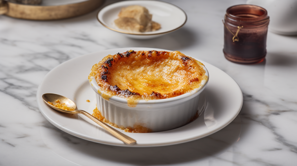 A top-down view of a gourmet crab brûlée with a golden caramelized sugar crust, served on a marble table, with a spoon breaking through.