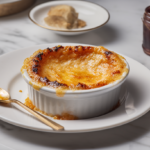 A top-down view of a gourmet crab brûlée with a golden caramelized sugar crust, served on a marble table, with a spoon breaking through.